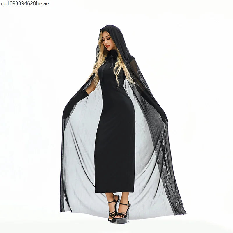 Robe Sorcière Gothique Noire avec Cape à Capuche et Gants – vue 6