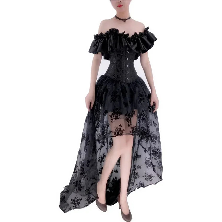 Robe Corset Gothique Noire Épaules Dénudées avec Jupe – vue 6