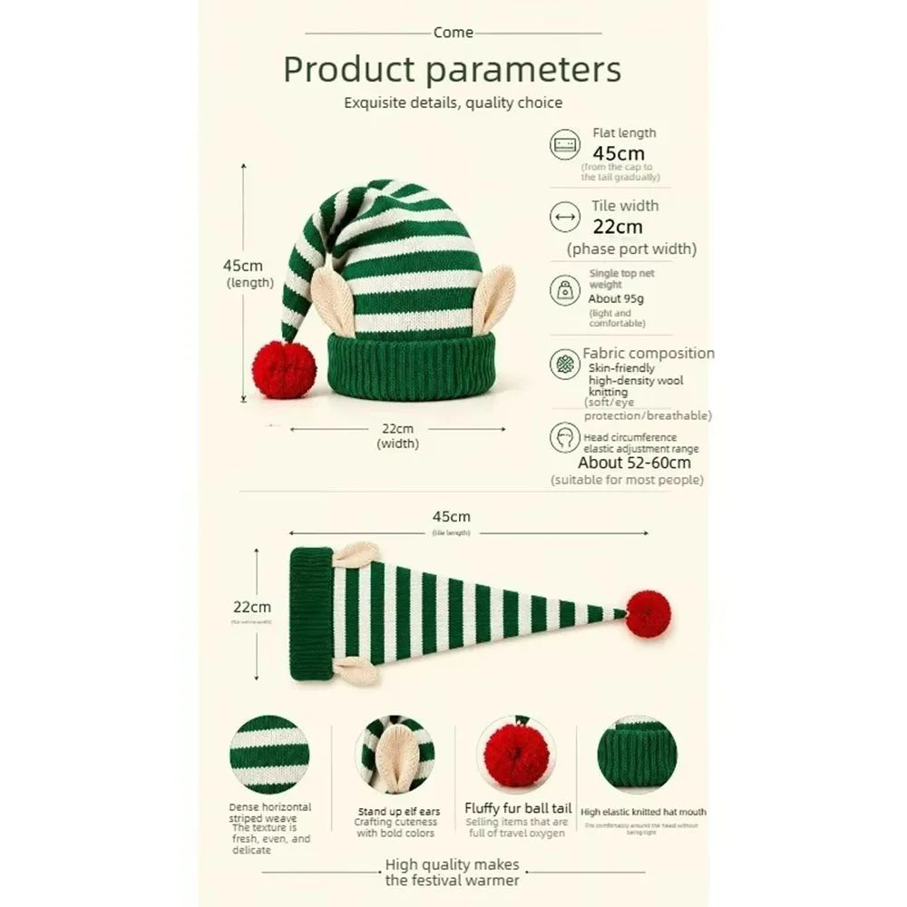 Bonnet de Lutin Rayé avec Oreilles et Pompon – Rouge, Vert ou Blanc – vue 6