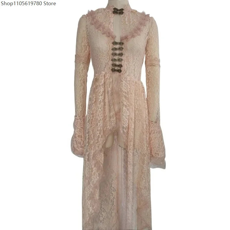 Robe Longue Gothique Médiévale en Dentelle Fleurie – vue 4