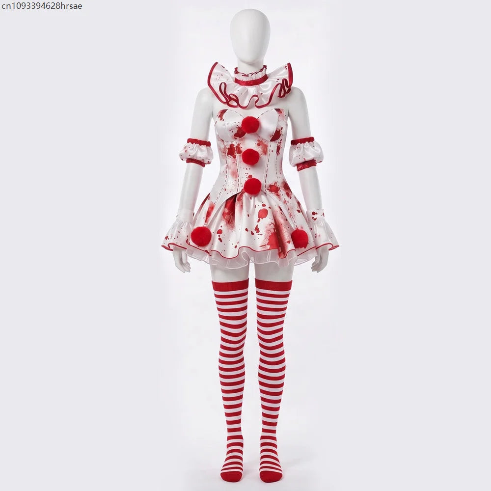 Déguisement Clown Sanglant Femme – Robe Rouge et Blanche avec Bas – vue 3