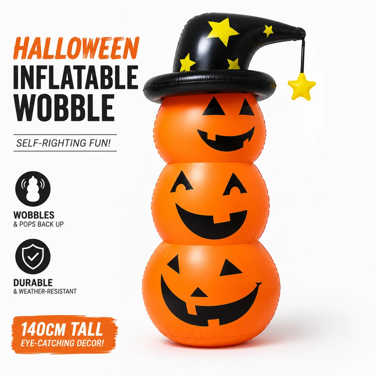 Décoration Gonflable Citrouilles Empilées avec Chapeau de Sorcière – vue 3
