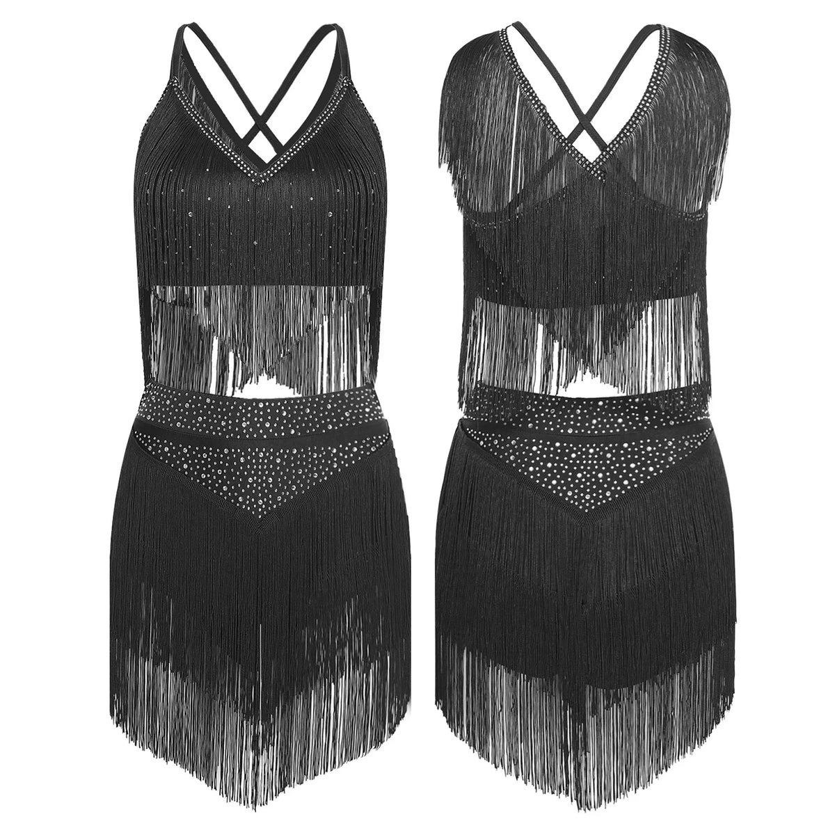Costume de Danse Samba Latine Femme - Haut à Franges et Jupe à Pompons – vue 9