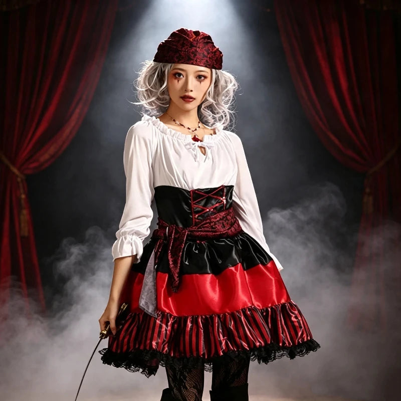 Déguisement Reine Pirate Femme – Rayures Rouges et Dentelle – vue 2