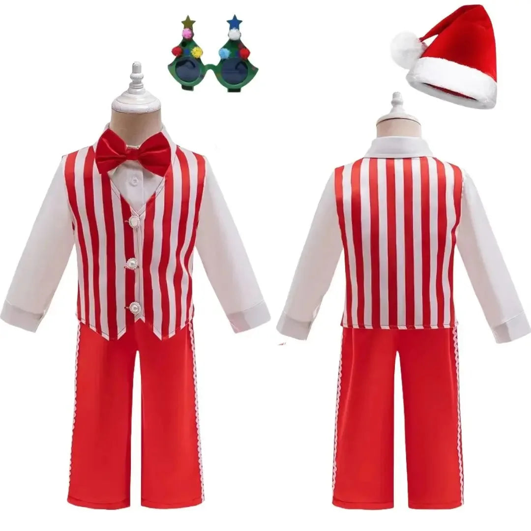 Costume de Noël Rayé Rouge et Blanc 3 Pièces avec Bonnet