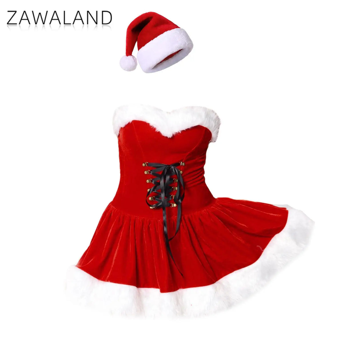 Mini-Robe Bustier Mère Noël Sexy en Velours avec Bonnet – vue 4