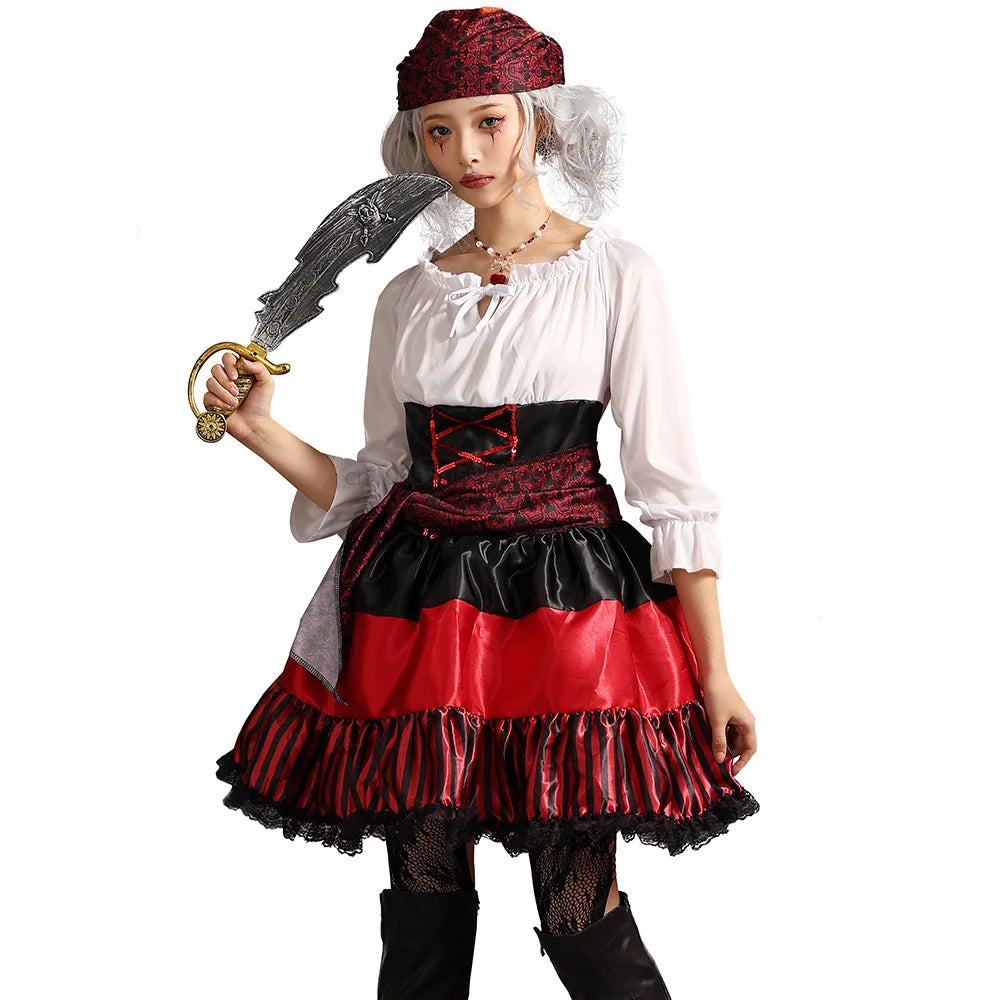 Déguisement Reine Pirate Femme – Rayures Rouges et Dentelle – vue 6