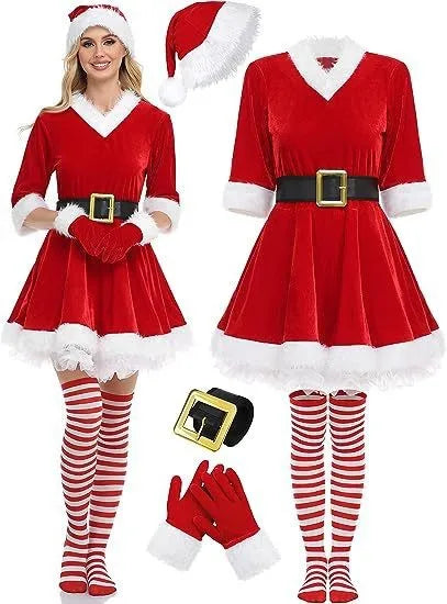Robe Mère Noël en Velours avec Chaussettes Rayées et Bonnet de Lutin – vue 8