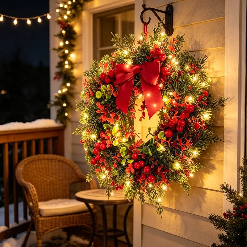 Couronne de Noël Lumineuse Pin et Eucalyptus avec Baies Rouges – vue 2