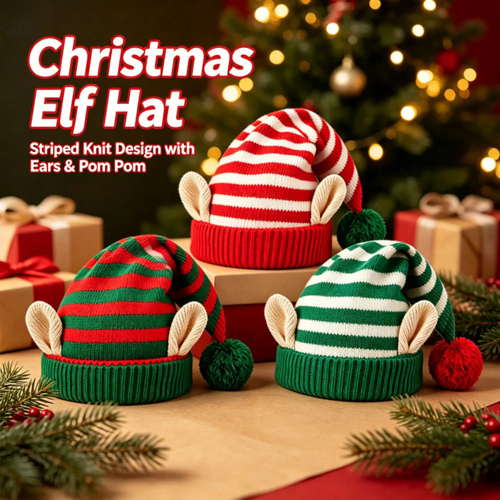 Bonnet de Lutin Rayé avec Oreilles et Pompon – Rouge, Vert ou Blanc – vue 3