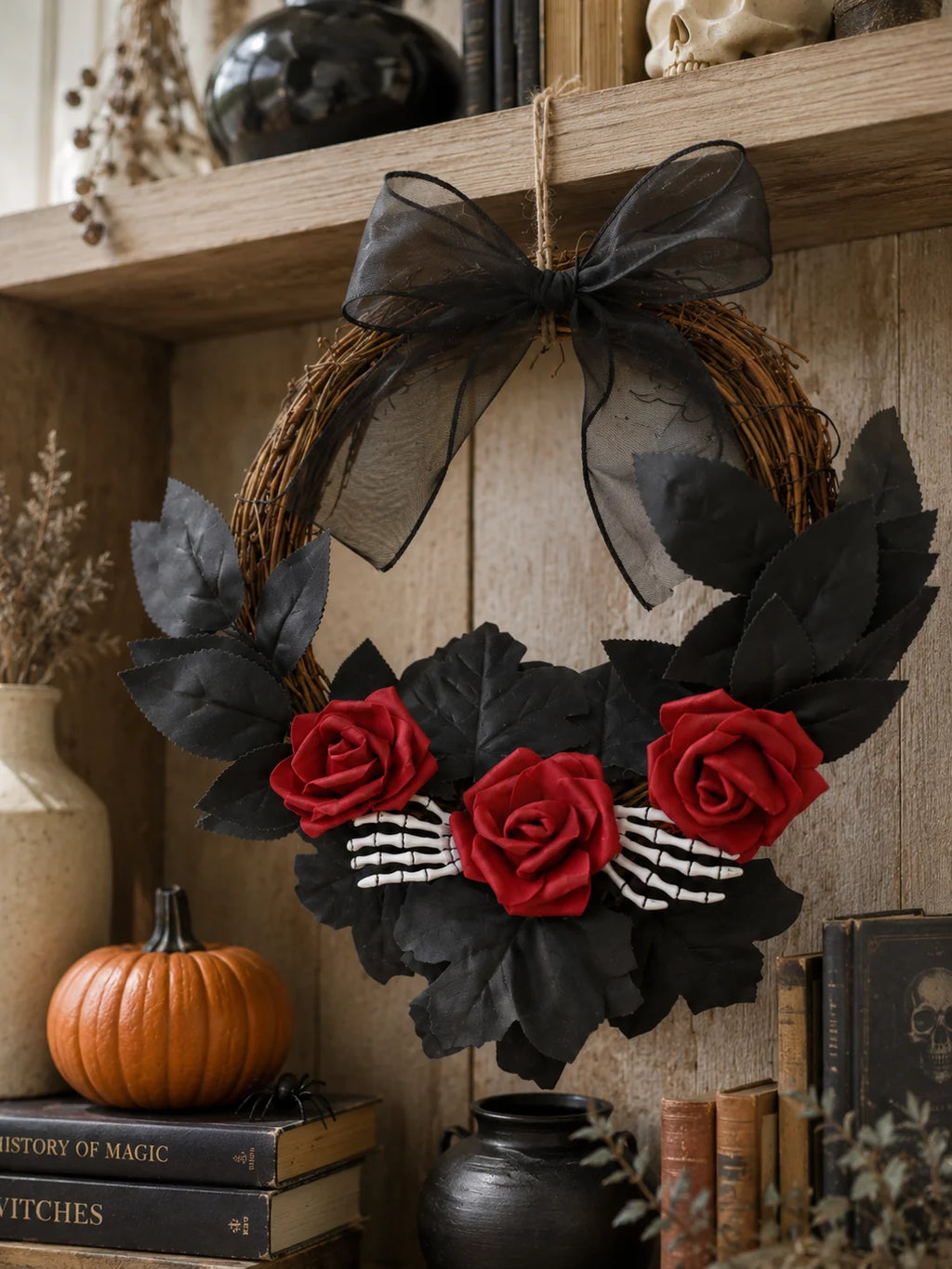 Couronne d'Halloween en Rotin - Crâne, Rose Rouge et Squelette – vue 2