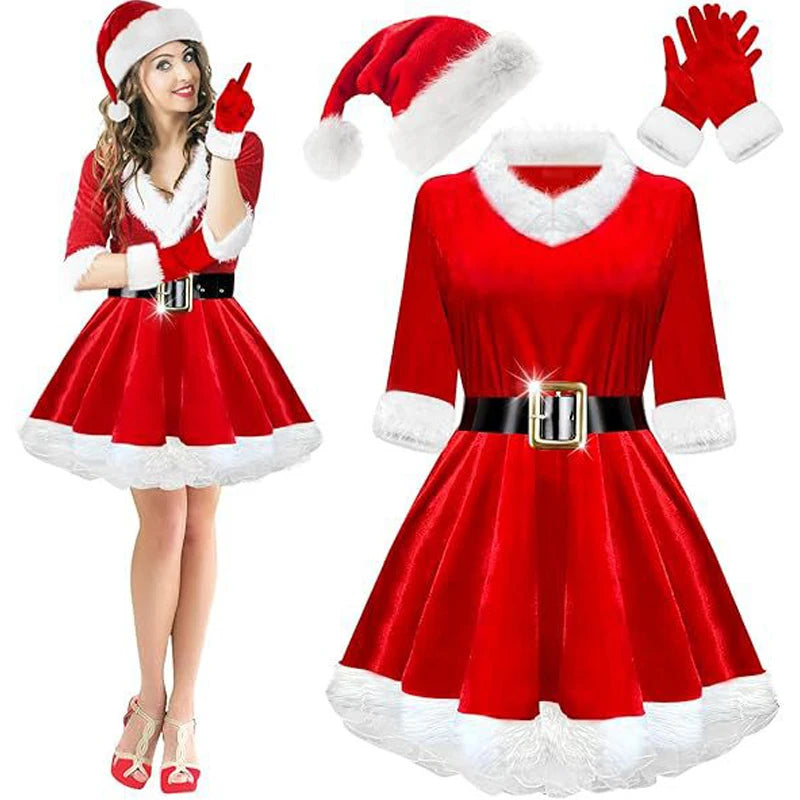Robe Mère Noël en Velours avec Chaussettes Rayées et Bonnet de Lutin – vue 6