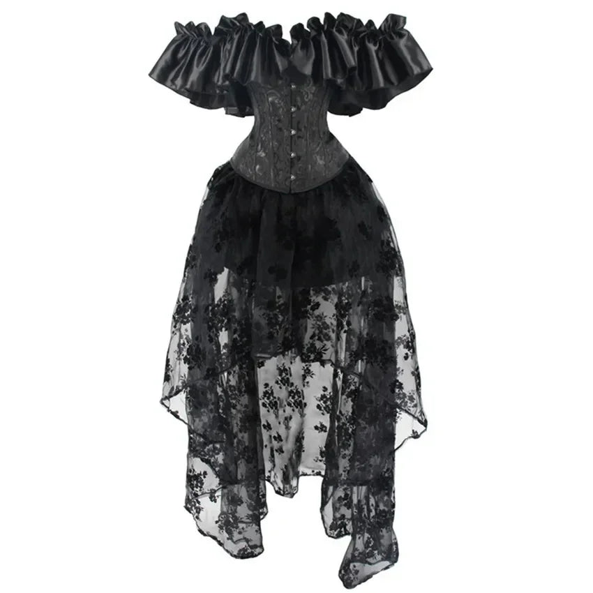 Robe Corset Gothique Noire Épaules Dénudées avec Jupe