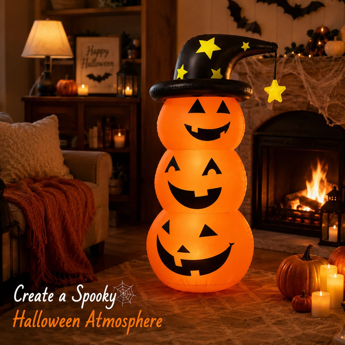 Décoration Gonflable Citrouilles Empilées avec Chapeau de Sorcière – vue 6