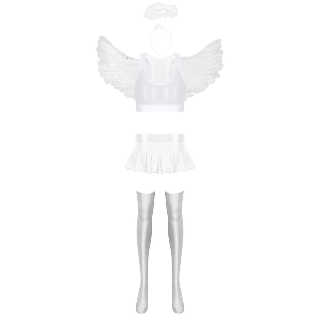 Déguisement Ange Sexy – Crop Top Brillant, Mini-Jupe, Bas et Ailes – vue 6