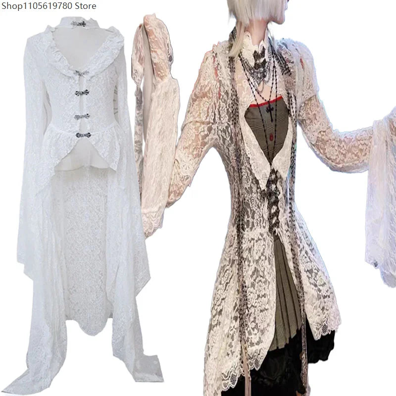 Robe Longue Gothique Médiévale en Dentelle Fleurie – vue 2