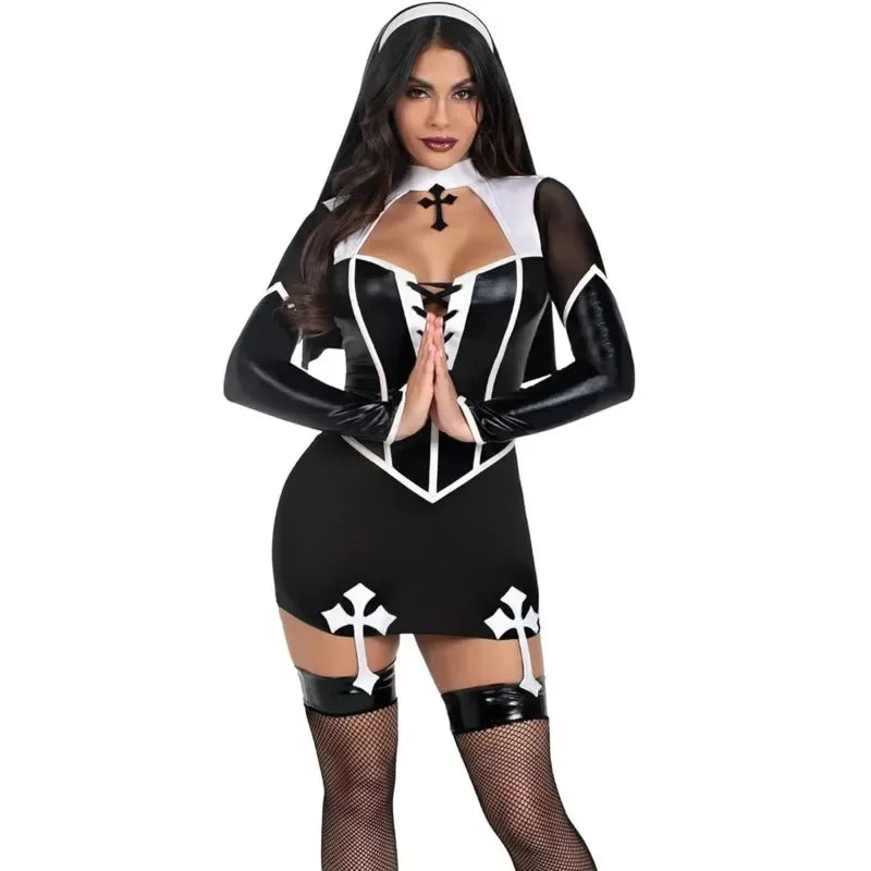 Déguisement Nonne Sexy en Simili-Cuir Noir – vue 3