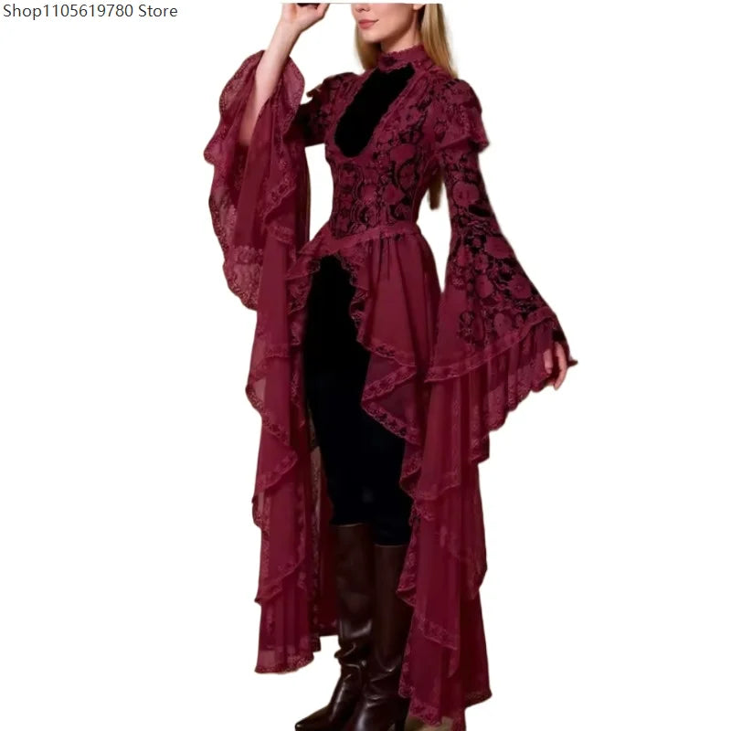 Robe Longue Gothique Médiévale en Dentelle Fleurie