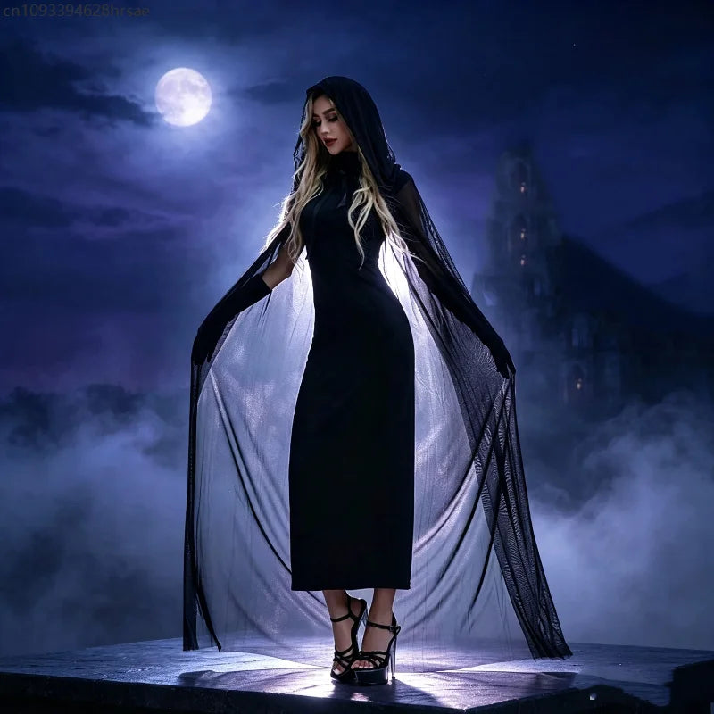 Robe Sorcière Gothique Noire avec Cape à Capuche et Gants