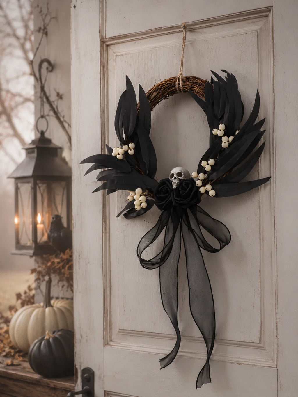 Couronne d'Halloween en Rotin - Crâne, Rose Rouge et Squelette – vue 5