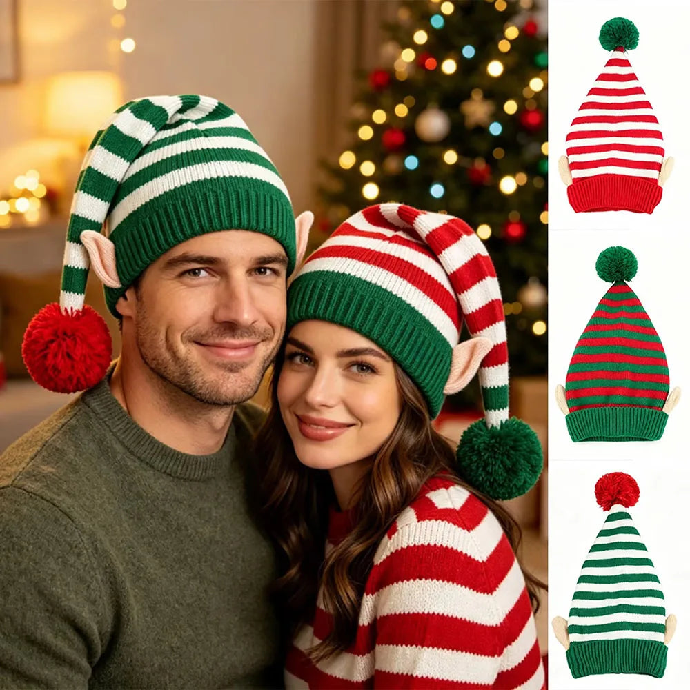 Bonnet de Lutin Rayé avec Oreilles et Pompon – Rouge, Vert ou Blanc – vue 4
