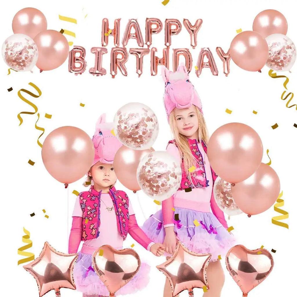 Kit Décoration Ballons Happy Birthday Or Rose avec Confettis – vue 5