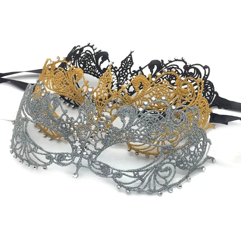 Masque Vénitien Doré et Argenté en Dentelle avec Strass – vue 5