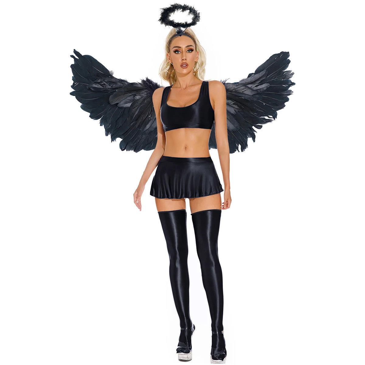 Déguisement Ange Sexy – Crop Top Brillant, Mini-Jupe, Bas et Ailes – vue 2