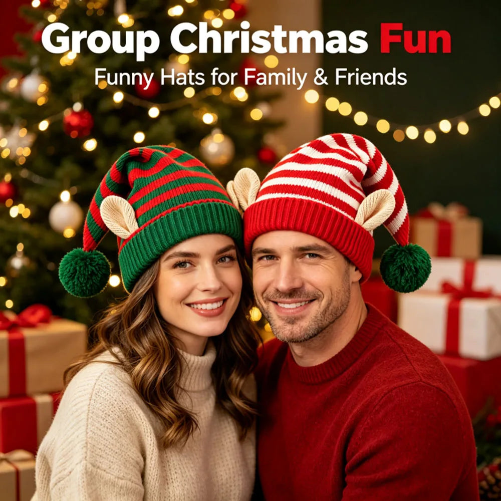 Bonnet de Lutin Rayé avec Oreilles et Pompon – Rouge, Vert ou Blanc