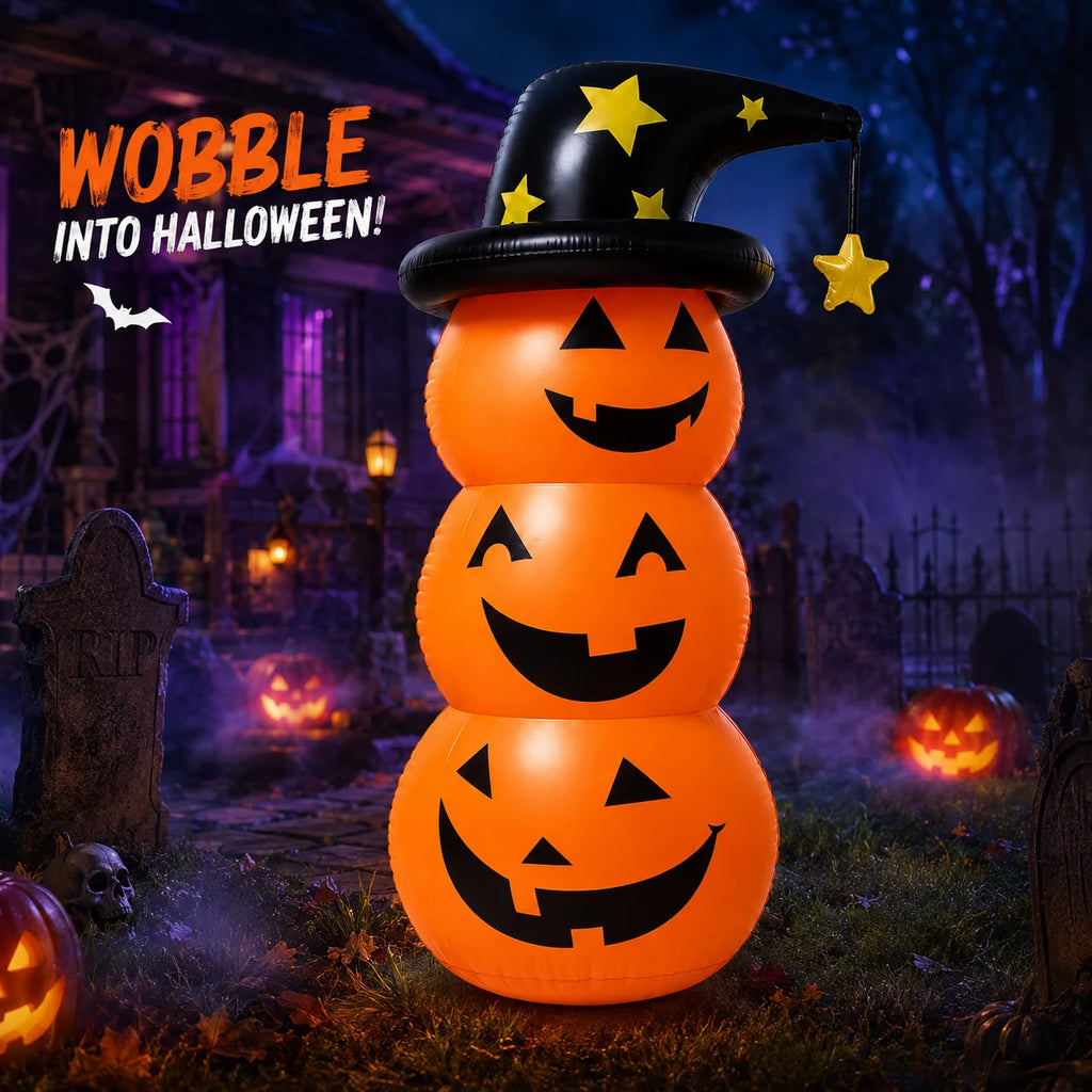 Décoration Gonflable Citrouilles Empilées avec Chapeau de Sorcière – vue 5