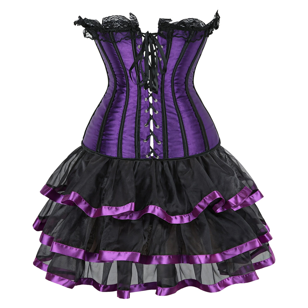 Robe Corset Gothique Violette en Satin à Lacets – vue 3