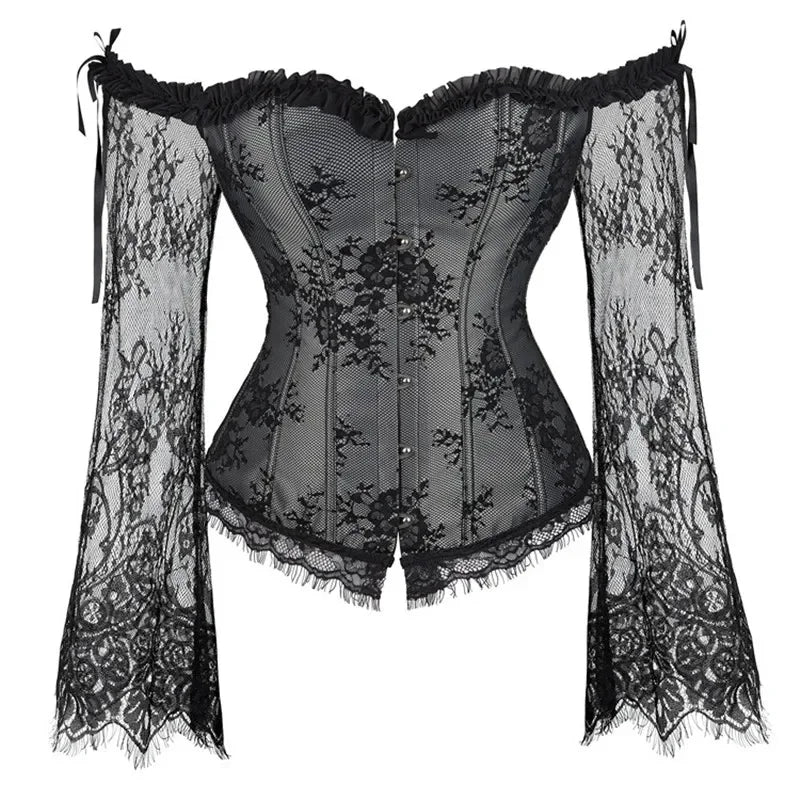 Corset Gothique à Manches en Dentelle – Bustier Jacquard Fleuri – vue 2