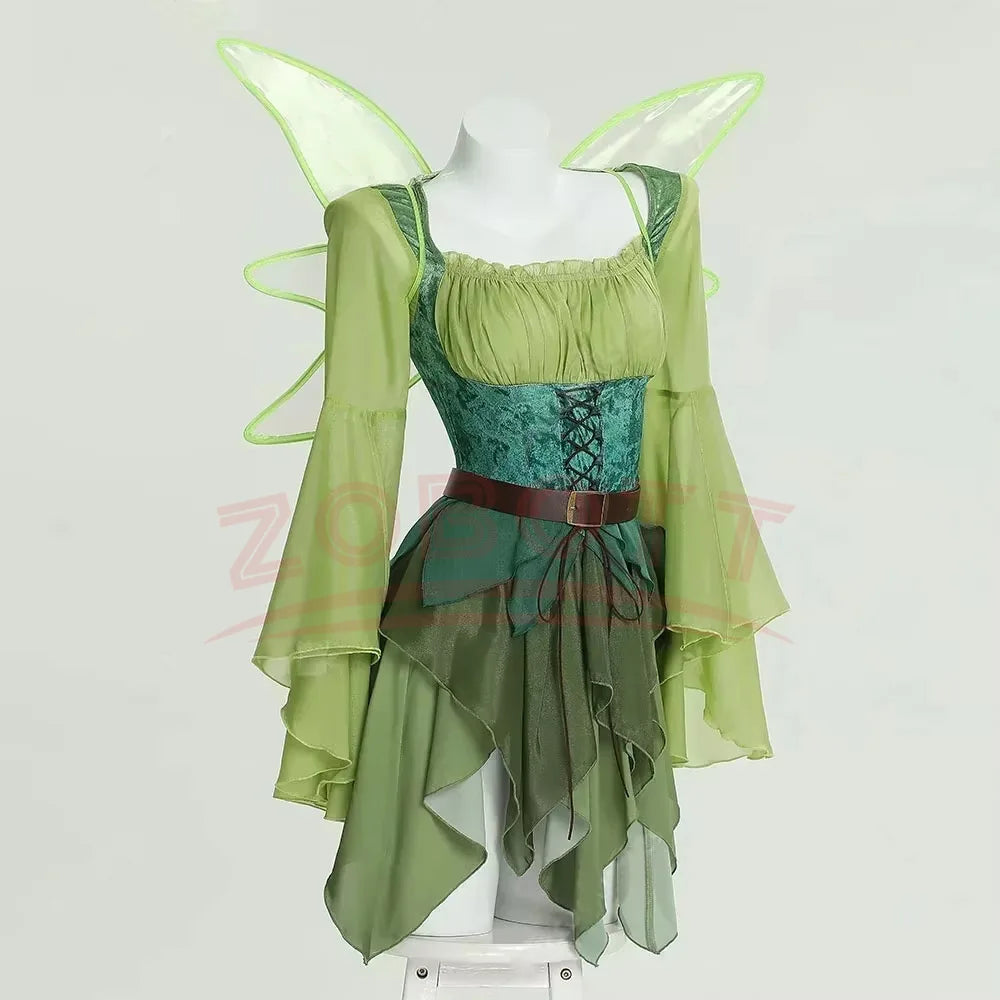 Déguisement Elfe Vert avec Ailes - Robe Fée Médiévale