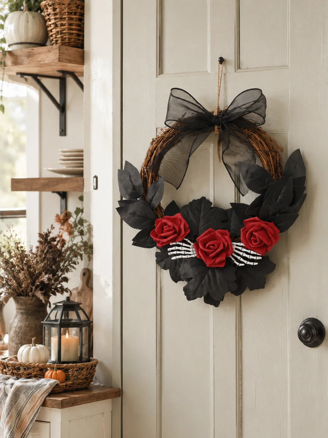 Couronne d'Halloween en Rotin - Crâne, Rose Rouge et Squelette