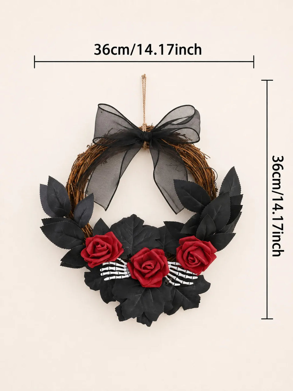Couronne d'Halloween en Rotin - Crâne, Rose Rouge et Squelette – vue 6