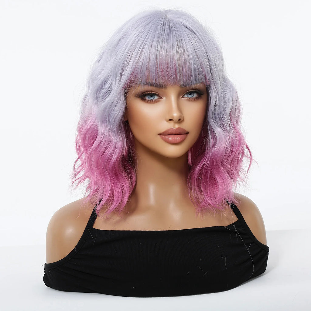 Perruque Carré Bouclée Dégradé Violet Rose avec Frange – vue 4
