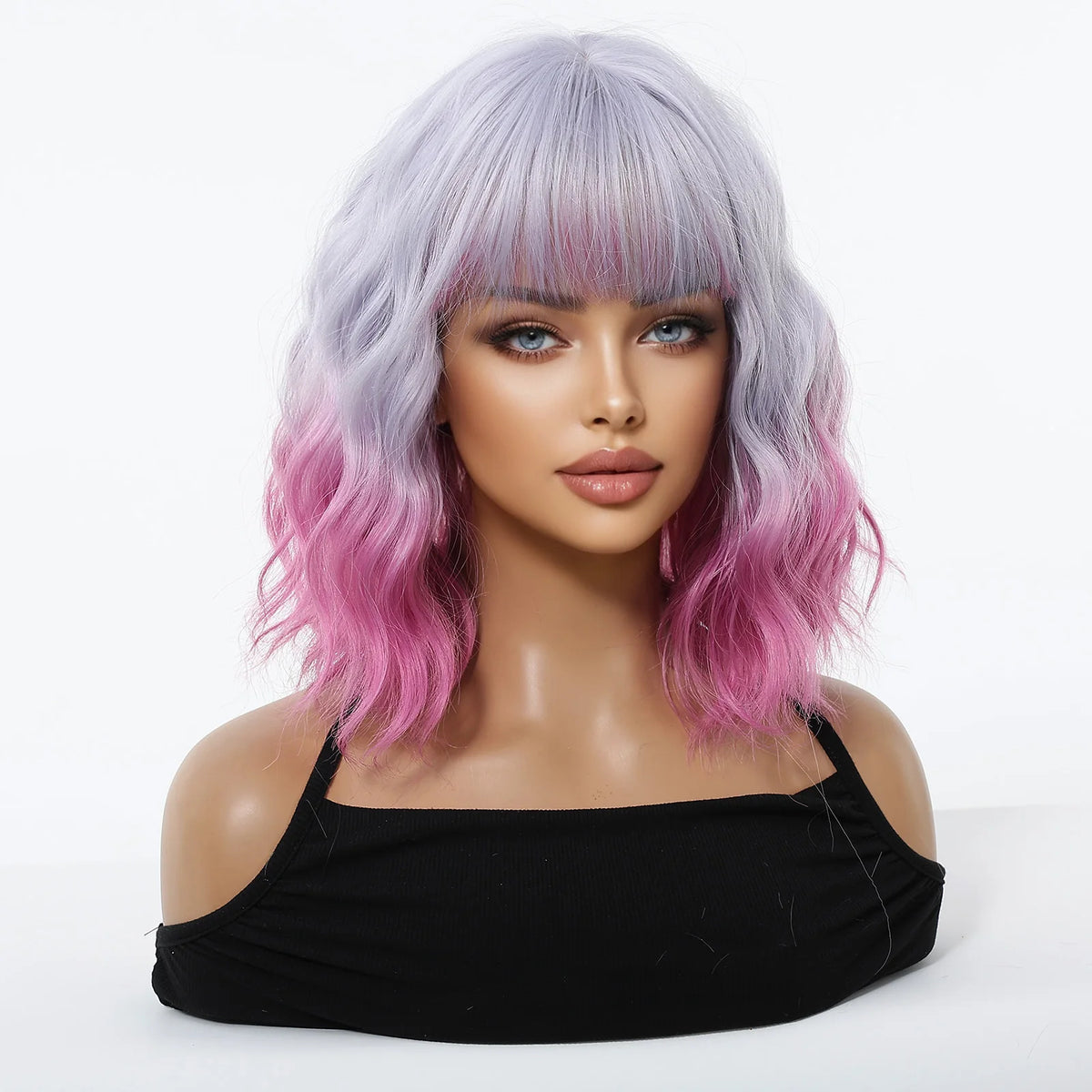 Perruque Carré Bouclée Dégradé Violet Rose avec Frange – vue 4