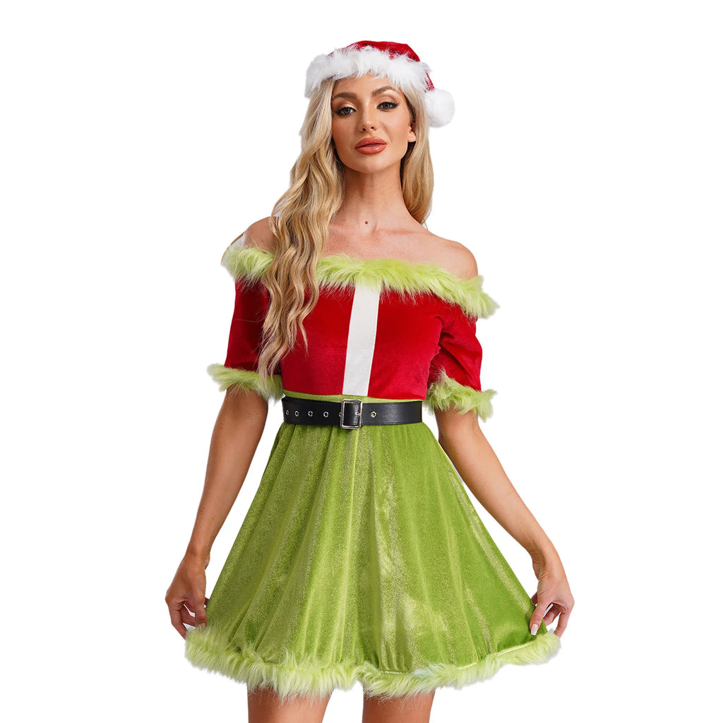 Robe Mère Noël Épaules Dénudées avec Ceinture – vue 7