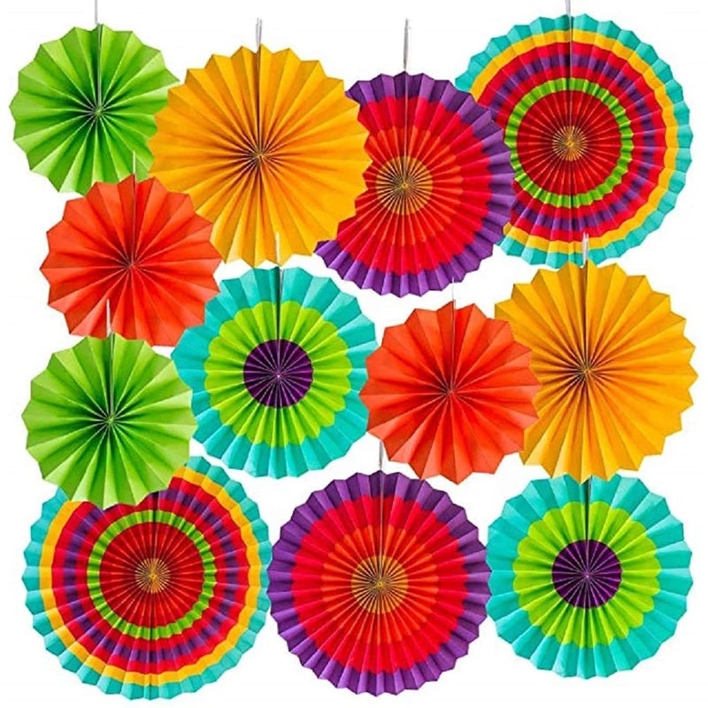 Éventails en Papier Colorés Fiesta Mexicaine - Lot de 12